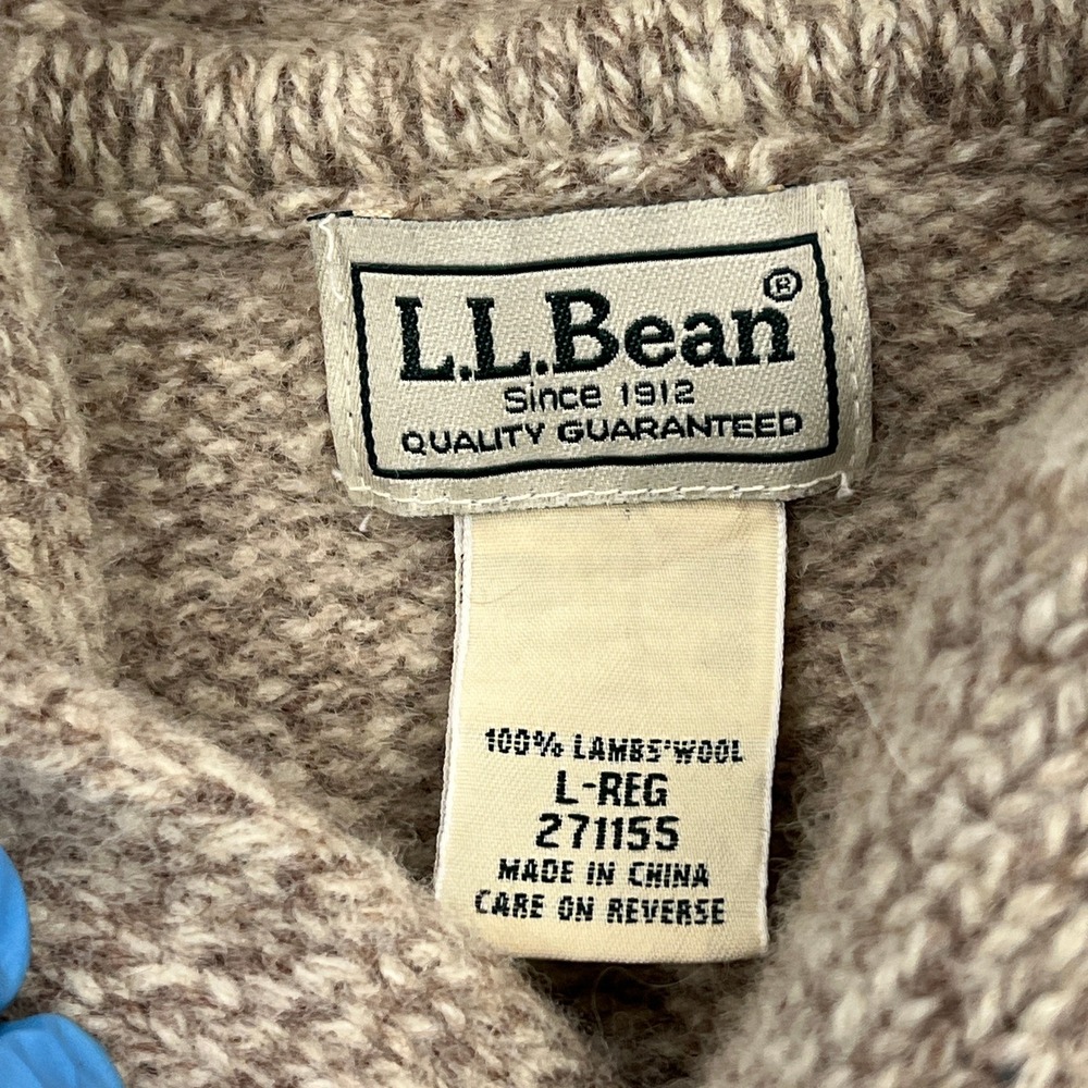 LL Bean Sweater Mens Large Beige 100% Lambswool Shawl Neck Elbow Patch Pullover - Picture 2 of 10